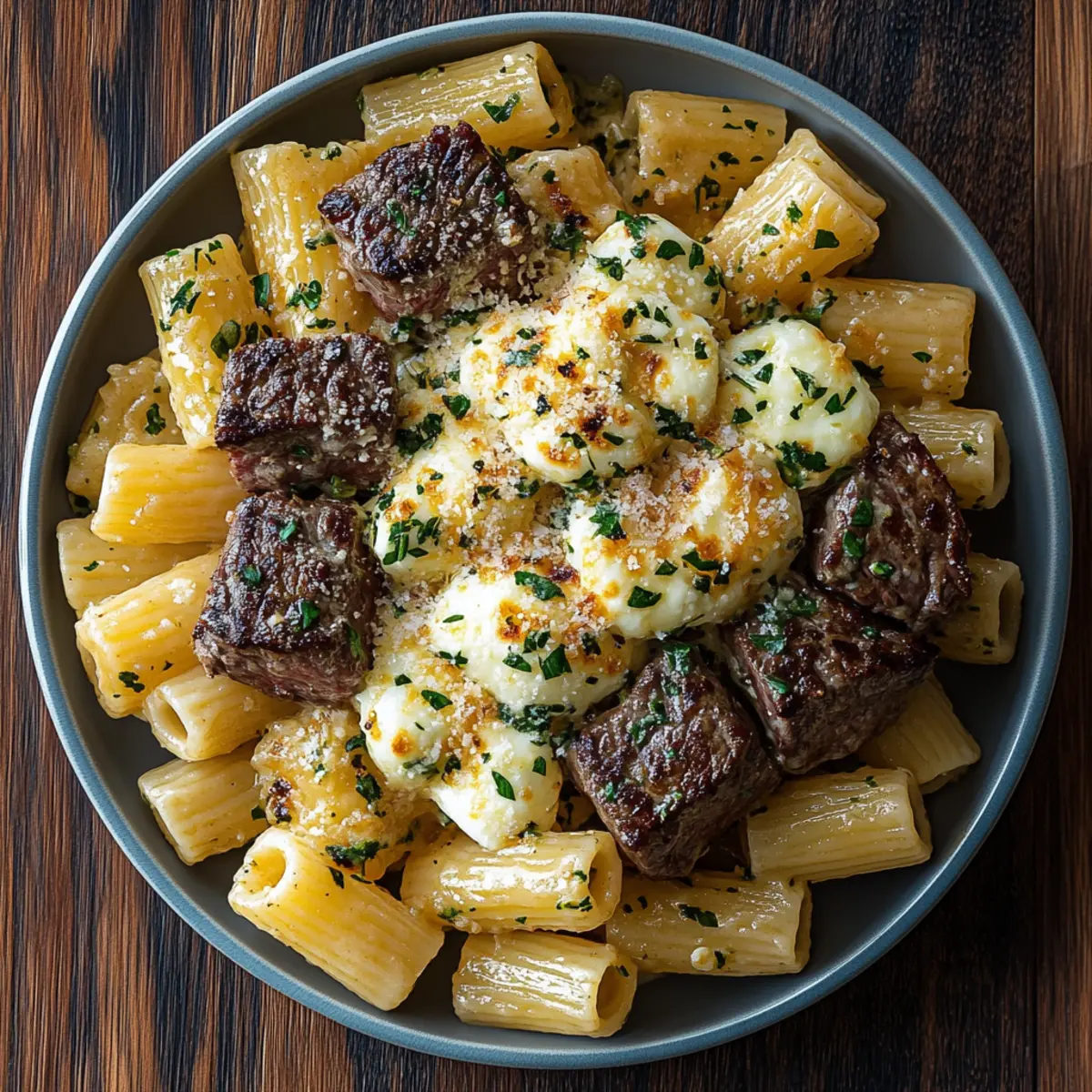 garlic butter steak and cheesy rigatoni